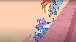 Size: 1680x932 | Tagged: safe, screencap, character:rainbow dash, character:trixie, episode:friendship gems, g4.5, my little pony:pony life, spoiler:pony life s01e17, cape, cheek squish, clothing, hat, squishy cheeks, trixie's cape, trixie's hat