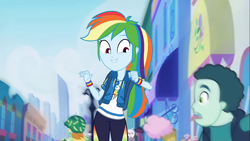 Size: 1273x720 | Tagged: safe, screencap, character:fleur-de-lis, character:rainbow dash, species:human, episode:run to break free, g4, my little pony:equestria girls, background human, clothing, cute, dashabetes, food, geode of super speed, ice cream, magical geodes, pose, smiling, wristband