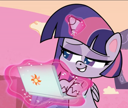 Size: 1280x1080 | Tagged: safe, screencap, character:twilight sparkle, character:twilight sparkle (alicorn), species:alicorn, species:pony, episode:campfire stories, g4.5, my little pony:pony life, spoiler:pony life s01e16, computer, cropped, laptop computer, lidded eyes, magic, solo, telekinesis