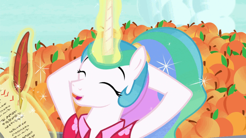Size: 800x450 | Tagged: safe, screencap, character:princess celestia, episode:between dark and dawn, g4, my little pony: friendship is magic, animated, cute, cutelestia, flowing mane, food, levitation, lotta little things, magic, peach, quill, scroll, singing, solo, telekinesis
