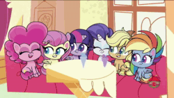Size: 1280x720 | Tagged: safe, screencap, character:applejack, character:fluttershy, character:pinkie pie, character:rainbow dash, character:rarity, character:twilight sparkle, species:alicorn, species:earth pony, species:pegasus, species:pony, species:unicorn, episode:sick day, g4.5, my little pony:pony life, spoiler:pony life s01e20, animated, female, mane six, mare, sound, stomach noise, vomit, vomiting, vomiting gems, webm