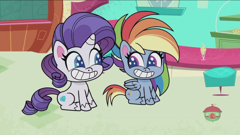 Size: 800x450 | Tagged: safe, screencap, character:rainbow dash, character:rarity, species:pegasus, species:pony, species:unicorn, episode:sick day, g4.5, my little pony:pony life, spoiler:pony life s01e20, animated, bean mouth, eye shimmer, gif, looking at each other, sitting, smiling, sparkly eyes, sugarcube corner, wings