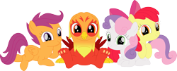 Size: 3555x1437 | Tagged: safe, artist:porygon2z, screencap, character:apple bloom, character:scootaloo, character:sweetie belle, oc, oc:heatwave, species:griffon, species:hippogriff, species:pegasus, species:pony, g4, cutie mark crusaders, fledgeling, simple background, transparent background