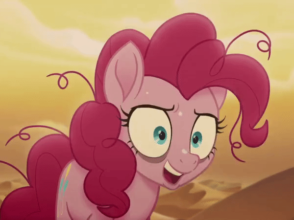 Size: 600x450 | Tagged: safe, screencap, character:pinkie pie, species:earth pony, species:pony, g4, my little pony: the movie (2017), absurd file size, absurd gif size, animated, creepy crawlies, cropped, dead, deflating hair, deflation, desert, desert sun madness, female, frame by frame, gif, insanity, mare, skull, solo, sweat