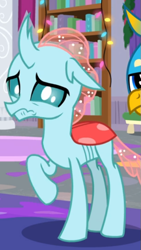 Size: 393x697 | Tagged: safe, screencap, character:gallus, character:ocellus, species:changedling, episode:the hearth's warming club, g4, my little pony: friendship is magic, cropped, offscreen character, reaction image, sad, solo