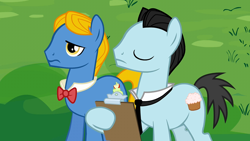 Size: 1280x720 | Tagged: safe, screencap, character:bruce mane, character:perfect pace, species:earth pony, species:pony, episode:mmmystery on the friendship express, g4, my little pony: friendship is magic, clipboard, eyes closed, male, stallion