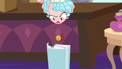 Size: 1280x720 | Tagged: safe, screencap, character:cozy glow, species:pegasus, species:pony, episode:school raze, g4, my little pony: friendship is magic, desk, female, filly, frown, glare, looking down, medal, open mouth, raised eyebrow, solo, trash can
