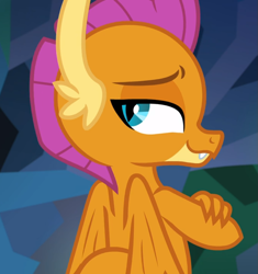 Size: 881x936 | Tagged: safe, screencap, character:smolder, episode:what lies beneath, g4, my little pony: friendship is magic, cropped, crossed arms, lidded eyes, looking back, rear view, smiling, smirk, smug, solo