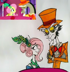 Size: 1975x2015 | Tagged: safe, artist:citi, screencap, character:discord, character:fluttershy, species:human, episode:make new friends but keep discord, g4, my little pony: friendship is magic, alternate hairstyle, clothing, dress, gala dress, humanized, scene interpretation, screencap reference