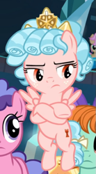 Size: 337x610 | Tagged: safe, screencap, character:cozy glow, episode:school raze, g4, my little pony: friendship is magic, cropped, crossed hooves, crown, flying, jewelry, regalia, solo
