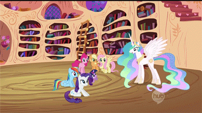 Size: 400x225 | Tagged: safe, screencap, character:applejack, character:fluttershy, character:pinkie pie, character:princess celestia, character:rainbow dash, character:rarity, character:twilight sparkle, episode:lesson zero, g4, my little pony: friendship is magic, animated, graceful, horses doing horse things, hub logo, jumping, majestic, spread wings, wings