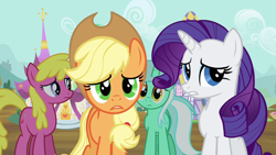 Size: 1280x720 | Tagged: safe, screencap, character:applejack, character:cherry berry, character:lyra heartstrings, character:rarity, species:earth pony, species:pony, species:unicorn, episode:it's about time, g4, my little pony: friendship is magic, applejack's hat, clothing, confused, cowboy hat, female, hat, mare, worried
