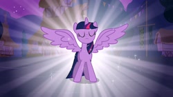Size: 1920x1080 | Tagged: safe, official, screencap, character:twilight sparkle, character:twilight sparkle (alicorn), species:alicorn, species:pony, episode:magical mystery cure, g4, my little pony: friendship is magic, cottage, flag, majestic, night, spread wings, wings