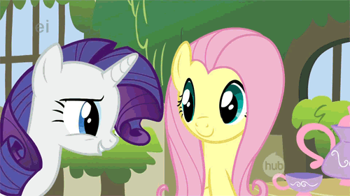 Size: 500x281 | Tagged: safe, screencap, character:fluttershy, character:rarity, episode:stare master, g4, my little pony: friendship is magic, animated, duo, ei, hub logo, nuzzling