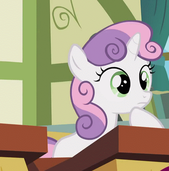 Size: 545x552 | Tagged: safe, screencap, character:sweetie belle, species:pony, species:unicorn, episode:ponyville confidential, g4, my little pony: friendship is magic, animated, classroom, cute, desk, diasweetes, eyes closed, female, filly, floppy ears, frown, ponyville schoolhouse, smiling, solo, squeetie belle