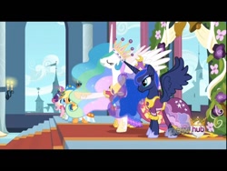 Size: 1024x768 | Tagged: safe, screencap, character:applejack, character:fluttershy, character:pinkie pie, character:princess celestia, character:princess luna, character:rainbow dash, character:rarity, episode:magical mystery cure, g4, my little pony: friendship is magic, clothing, crown, dress, hub logo, jewelry, regalia