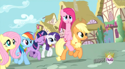 Size: 850x468 | Tagged: safe, screencap, character:applejack, character:fluttershy, character:pinkamena diane pie, character:pinkie pie, character:rainbow dash, character:rarity, character:twilight sparkle, episode:magical mystery cure, g4, my little pony: friendship is magic, mane six, ponies riding ponies, swapped cutie marks