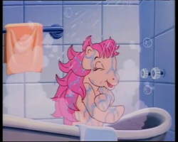 Size: 600x480 | Tagged: safe, screencap, character:patch (g1), g1, my little pony tales, bath, happy, shower, towel