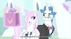 Size: 853x472 | Tagged: safe, screencap, character:fancypants, character:fleur-de-lis, episode:sweet and elite, g4, my little pony: friendship is magic, hub logo, youtube caption