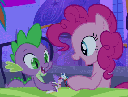 Size: 414x313 | Tagged: safe, screencap, character:pinkie pie, character:princess cadance, character:shining armor, character:spike, species:pony, episode:a canterlot wedding, g4, my little pony: friendship is magic, animated, cute, doll, eyes closed, happy, kissing, laughing, now kiss, o3o, pinkie the shipper, pointy ponies, ponies playing with ponies, scrunchy face, shipper on deck, spike the shipper