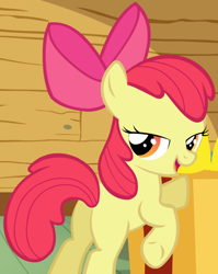 Size: 422x529 | Tagged: safe, screencap, character:apple bloom, apple bloom's bow, bedroom eyes, bipedal, bipedal leaning, bow, episode needed, female, filly, hair bow, leaning, looking back, open mouth, plot, raised leg, solo, underhoof
