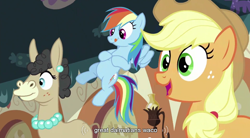 Size: 852x471 | Tagged: safe, screencap, character:applejack, character:rainbow dash, episode:mmmystery on the friendship express, g4, my little pony: friendship is magic, mulia mild, youtube caption