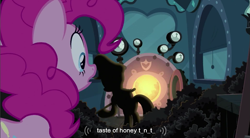 Size: 853x471 | Tagged: safe, screencap, character:fluttershy, character:pinkie pie, explosives, tnt, youtube caption