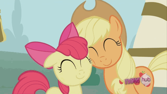 Size: 640x360 | Tagged: safe, screencap, character:apple bloom, character:applejack, species:earth pony, species:pony, episode:ponyville confidential, g4, my little pony: friendship is magic, all new, animated, cute, eyes closed, female, filly, mare, snuggling, squishy cheeks, text