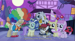 Size: 856x473 | Tagged: safe, screencap, character:alula, character:mayor mare, character:noi, character:pipsqueak, character:piña colada, character:pluto, character:zecora, species:earth pony, species:pony, species:zebra, episode:luna eclipsed, g4, my little pony: friendship is magic, colt, male, youtube caption