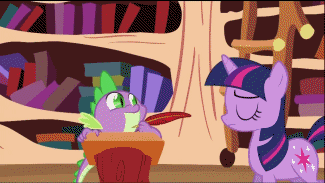 Size: 325x183 | Tagged: safe, screencap, character:spike, character:twilight sparkle, episode:lesson zero, g4, my little pony: friendship is magic, animated, duo, head shake, loop