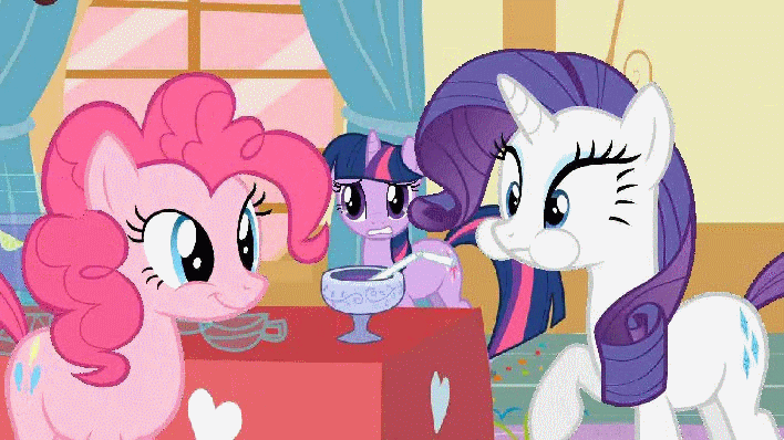 Size: 708x398 | Tagged: safe, screencap, character:pinkie pie, character:rarity, character:twilight sparkle, episode:party of one, g4, my little pony: friendship is magic, animated, flash, juice, party, spit take, spitting