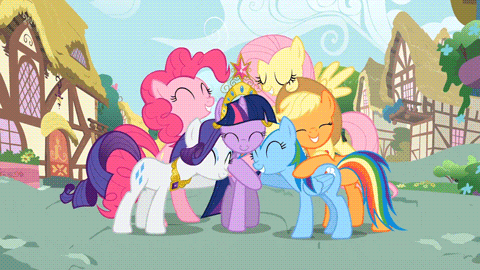 Size: 480x270 | Tagged: safe, screencap, character:applejack, character:fluttershy, character:pinkie pie, character:rainbow dash, character:rarity, character:twilight sparkle, species:earth pony, species:pegasus, species:pony, species:unicorn, episode:magical mystery cure, g4, my little pony: friendship is magic, animated, big crown thingy, cute, dashabetes, diapinkes, elements of harmony, jackabetes, jewelry, mane six, nuzzling, raribetes, regalia, shyabetes, twiabetes