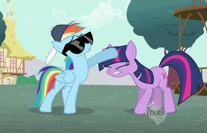 Size: 700x450 | Tagged: safe, screencap, character:rainbow dash, character:twilight sparkle, character:twilight sparkle (unicorn), species:pegasus, species:pony, species:unicorn, episode:may the best pet win, g4, my little pony: friendship is magic, animated, backwards ballcap, baseball cap, cap, clothing, duo, eyes closed, female, gritted teeth, hat, head pat, hub logo, mare, pat, smiling, sunglasses, talking