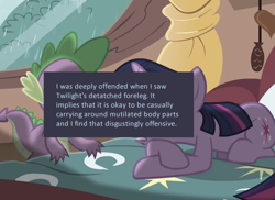 Size: 704x512 | Tagged: safe, screencap, character:spike, character:twilight sparkle, episode:magical mystery cure, g4, my little pony: friendship is magic, animation error, meta, offensive ponies, text