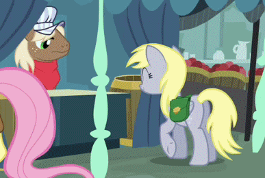 Size: 387x260 | Tagged: safe, screencap, character:derpy hooves, character:fluttershy, species:pegasus, species:pony, episode:putting your hoof down, g4, my little pony: friendship is magic, animated, bag, caboose, female, mare, muffin, sad, saddle bag