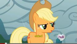 Size: 611x352 | Tagged: safe, screencap, character:applejack, episode:look before you sleep, g4, my little pony: friendship is magic, hub logo, solo, we don't normally wear clothes, youtube caption