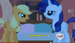 Size: 803x465 | Tagged: safe, screencap, character:applejack, character:rarity, episode:look before you sleep, g4, my little pony: friendship is magic, grammar nazi, hatless, missing accessory, youtube caption