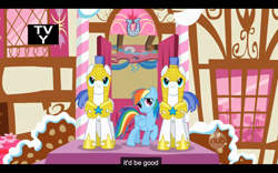Size: 1920x1200 | Tagged: safe, screencap, character:rainbow dash, episode:a bird in the hoof, g4, my little pony: friendship is magic, hub logo, royal guard, tv rating, youtube caption