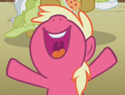 Size: 356x271 | Tagged: safe, screencap, character:apple strudel, character:granny smith, species:earth pony, species:pony, episode:apple family reunion, g4, my little pony: friendship is magic, apple family member, background pony, cropped, filly, foal, open mouth, pomegranate (character), solo focus, volumetric mouth