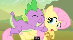 Size: 843x463 | Tagged: safe, screencap, character:fluttershy, character:spike, youtube caption