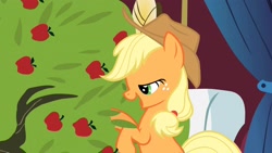 Size: 1920x1080 | Tagged: safe, screencap, character:applejack, character:bloomberg, episode:over a barrel, g4, my little pony: friendship is magic, apple, apple tree, lidded eyes, out of context, tree