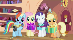 Size: 852x468 | Tagged: safe, screencap, character:applejack, character:fluttershy, character:rainbow dash, character:rarity, episode:secret of my excess, g4, my little pony: friendship is magic