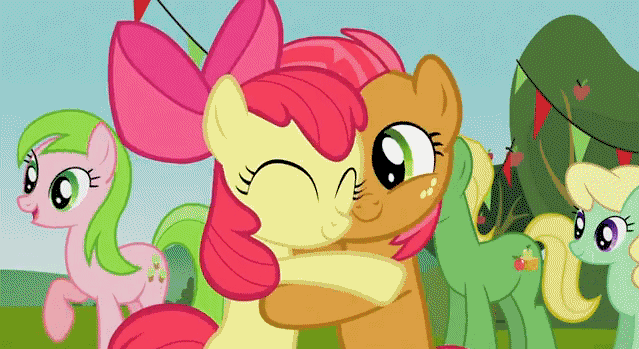 Size: 639x349 | Tagged: safe, screencap, character:apple bloom, character:apple honey, character:babs seed, character:red gala, character:wensley, episode:apple family reunion, g4, my little pony: friendship is magic, adorababs, adorabloom, animated, apple family member, cute, gif, hug