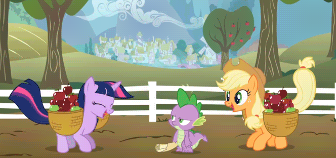 Size: 664x312 | Tagged: safe, screencap, character:applejack, character:spike, character:twilight sparkle, character:twilight sparkle (unicorn), species:dragon, species:earth pony, species:pony, species:unicorn, episode:the ticket master, g4, my little pony: friendship is magic, animated, apple, applejack's hat, basket, clothing, cowboy hat, cute, excited, eyes closed, female, frown, glare, happy, hat, jackabetes, jumping, male, mare, open mouth, pronking, scroll, smiling, twiabetes, unamused
