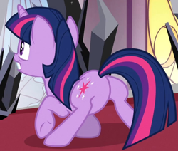 Size: 710x602 | Tagged: safe, screencap, character:twilight sparkle, character:twilight sparkle (unicorn), species:pony, species:unicorn, episode:the crystal empire, g4, my little pony: friendship is magic, butt, canterlot, cropped, crystal, dark crystal, featureless crotch, female, mare, plot, solo, twibutt, wat