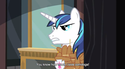 Size: 630x348 | Tagged: source needed, useless source url, safe, screencap, character:shining armor, friendship is witchcraft, caption, corndog, foaly matripony, food, francis sparkle, implied ponies eating meat, outfit made of corndogs