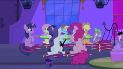Size: 1052x591 | Tagged: safe, screencap, character:applejack, character:fluttershy, character:pinkie pie, character:rainbow dash, character:rarity, character:spike, character:twilight sparkle, species:dog, friendship is witchcraft, foaly matripony, littlest pet shop, mane seven, sitting, table, zoe trent