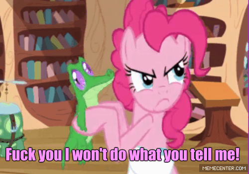 Size: 500x350 | Tagged: safe, screencap, character:gummy, character:pinkie pie, character:tank, episode:just for sidekicks, g4, my little pony: friendship is magic, animated, gif, image macro, killing in the name (rage against the machine), pink text, rage against the machine, text, vulgar