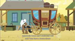Size: 855x474 | Tagged: safe, screencap, species:earth pony, species:pony, episode:the last roundup, g4, my little pony: friendship is magic, background pony, black stone, carriage, male, solo, stagecoach, stallion, youtube caption
