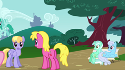 Size: 1920x1080 | Tagged: safe, screencap, character:cherry berry, character:cloud kicker, character:linky, character:lyra heartstrings, character:pinkie pie, character:shoeshine, character:spring melody, character:sprinkle medley, episode:dragonshy, g4, my little pony: friendship is magic, animation error, background pony, bench, butt, plot, sitting, sitting lyra